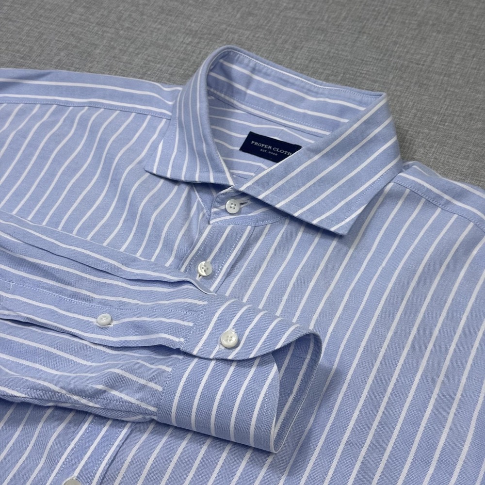 Proper Cloth Dress Shirt Mens 18.5 Blue Striped Point Collar Long Sleeve